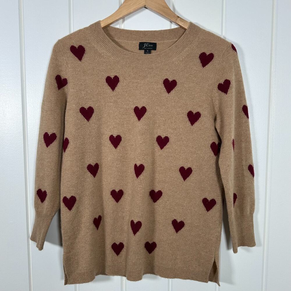J. Crew Camel Sweater with Burgundy Heart Pattern